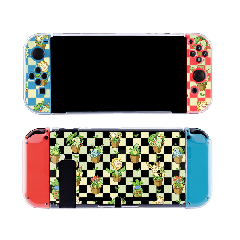 The Pokepots Case for Nintendo Switch by petimint is a clear Soft TPU dockable case that features Joy-Cons adorned in vibrant patterns. The left Joy-Con showcases a blue checkerboard design with leaf motifs and whimsical plant characters, while the right one displays a red checkerboard pattern with game-themed characters. The back of the case highlights a black and green plant-like pattern.