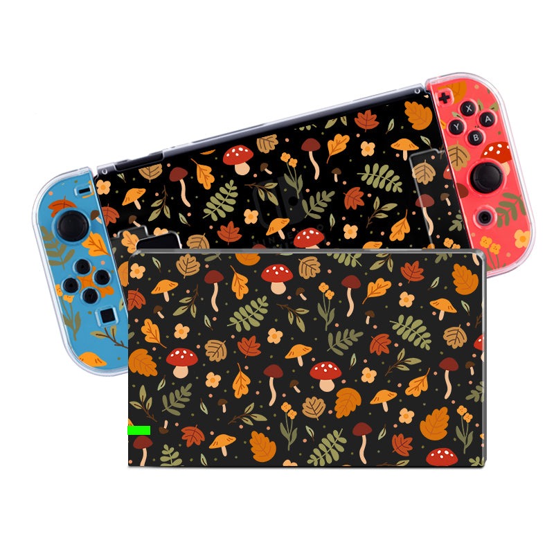 Introducing the Cozy Autumn Case for Nintendo Switch by petimint, featuring a pair of vibrant controllers—one blue and one red—adorned with whimsical fall-themed mushroom and leaf patterns intertwined with autumn hues of orange, red, yellow, and brown on a black background. The console comes complete with a clear soft TPU Switch Grip Case for added comfort.