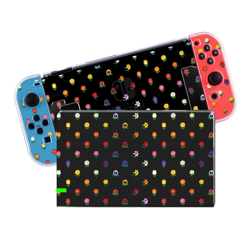 The Flower Crossing Case for Nintendo Switch by petimint offers detachable controllers, featuring a blue controller on the left and a red controller on the right. The console and dock are adorned with a black background and a vibrant flower pattern. It includes a clear, durable Soft TPU switch grip case for enhanced comfort and protection.