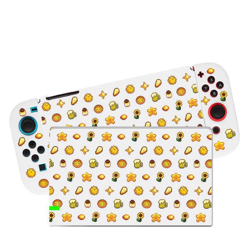 A sleek handheld Nintendo Switch featuring a petimint Yellow Stardew Items Case and detachable controllers. The case and controllers are highlighted by cheerful yellow sun images and playful emoji-like symbols, creating a vibrant and fun appearance.