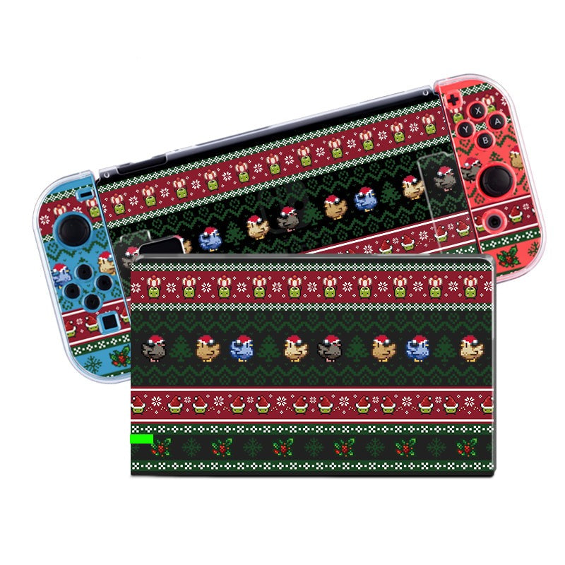 A Nintendo Switch console adorned with the Stardew Christmas Case from petimint. This clear case showcases festive holiday-themed pixel art images of holiday characters and decorative patterns in red, green, and white. Perfect for any gamer, the Joy-Con controllers stand out with one in blue and the other in red, each boasting charming holiday motifs.