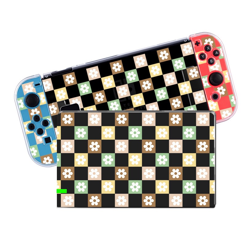 Introducing the Checkered Seasonal Flowers Case for Nintendo Switch by petimint, featuring a black and white checkered design with charming green, yellow, blue, and white flower patterns. This clear case decorates both the screen and controllers of your console. One half of the controller is blue while the other half is red, making it perfect for any cozygamer.