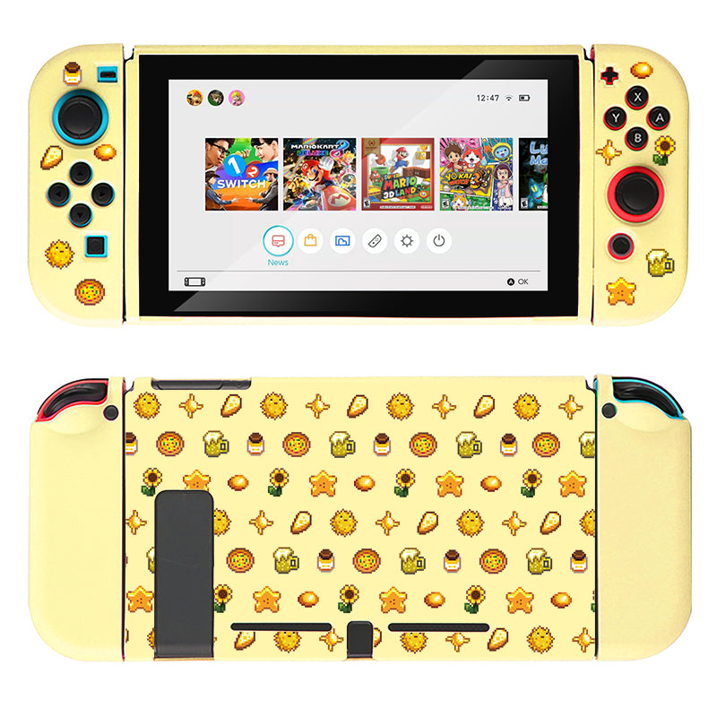 A Nintendo Switch console featuring the Yellow Stardew Items Case from petimint, adorned with a charming sunflower and star pattern on both the front and back. The front screen displays the game selection menu with various game icons. Perfect for any cozygamer, the Joy-Con controllers come with colored buttons and share the same matching yellow pattern.