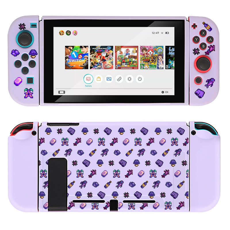 The petimint Purple Stardew Items Case for Nintendo Switch, in a lovely lilac color, adorns the console with charming small cartoon icons scattered on both the front and back. The screen displays a game selection menu, showcasing various game icons. It's perfect for any gamer wanting to complement their console with stylish gaming accessories.