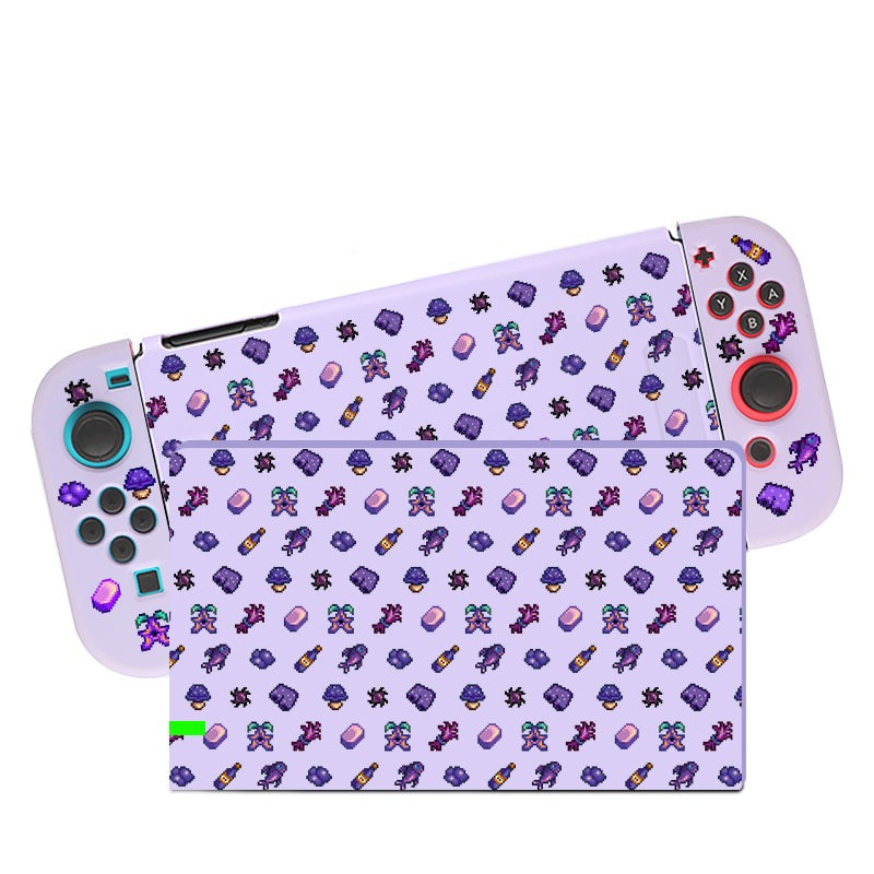 The Purple Stardew Items Case for the Nintendo Switch by petimint is a portable gaming console accessory, featuring detachable controllers on both sides. It is adorned with a lilac-colored skin, showcasing small, repeated patterns of potion bottles, crystals, pills, and other fantasy-themed icons in various colors.