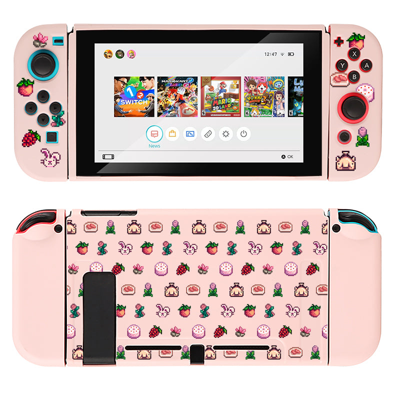 A Pink Stardew Items Case for Nintendo Switch by petimint, featuring pastel pink Joy-Con controllers adorned with colorful strawberry-themed stickers. The device screen displays a gaming selection menu with multiple game icons, while the back showcases a charming pattern of strawberries and related images. Perfect for adding flair to your gaming setup!