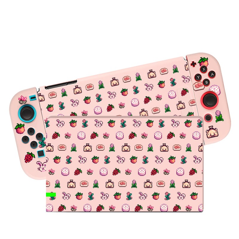 A petimint Pink Stardew Items Case for Nintendo Switch showcases a delightful pink pastel theme adorned with repeated cute patterns of strawberries, pastries, flowers, and various small icons. Perfect for any gamer, it adds a charming touch to your console setup.