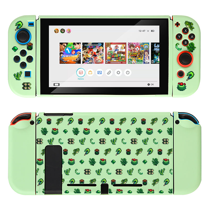 A Nintendo Switch featuring the petimint Green Stardew Items Case, complete with custom mint green Joy-Con controllers and back. Adorned with charming cactus, flower, and plant illustrations, it's perfect for any gamer. The screen displays the game selection menu with several game icons visible.