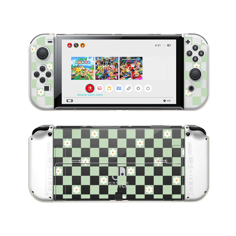 The petimint Checkered Flowers Case for Nintendo Switch showcases a stylish front and back view. This clear console case features a small flower pattern set against a black and green checkered background, giving it an apparel-like appearance. The screen displays game icons, including Mario Kart 8 Deluxe and Super Mario Odyssey.