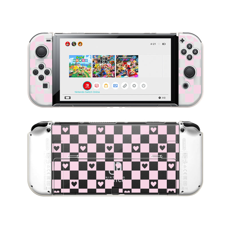 Image of a Nintendo Switch encased in the petimint Checkered Love Case, which features a clear design with a black and pink checkered pattern adorned with small heart motifs. The screen displays various game icons, making it perfect for any gaming enthusiast. The entire device is shown from both the front and back views, making this case a must-have for any dedicated gamer.