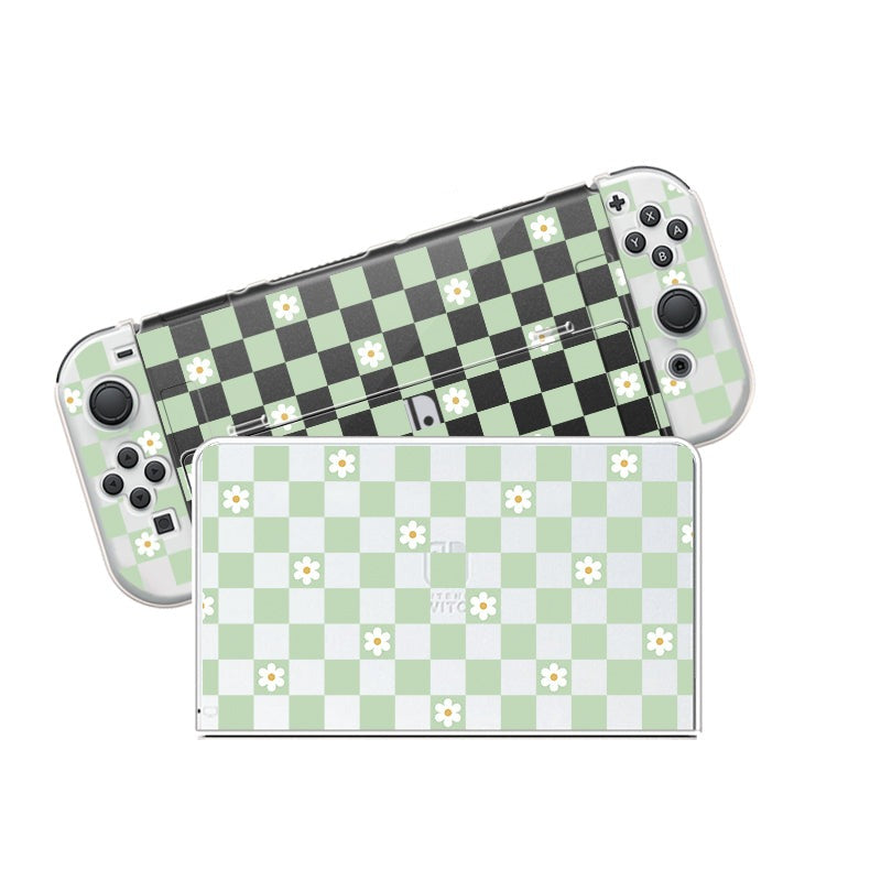 Introducing the Checkered Flowers Case for Nintendo Switch by petimint—a clear case adorned with a pastel green and white checkerboard pattern featuring small white flowers. This delightful design offers a cohesive and charming appearance, perfect for the cozygamer, enhancing both your console and controller set.