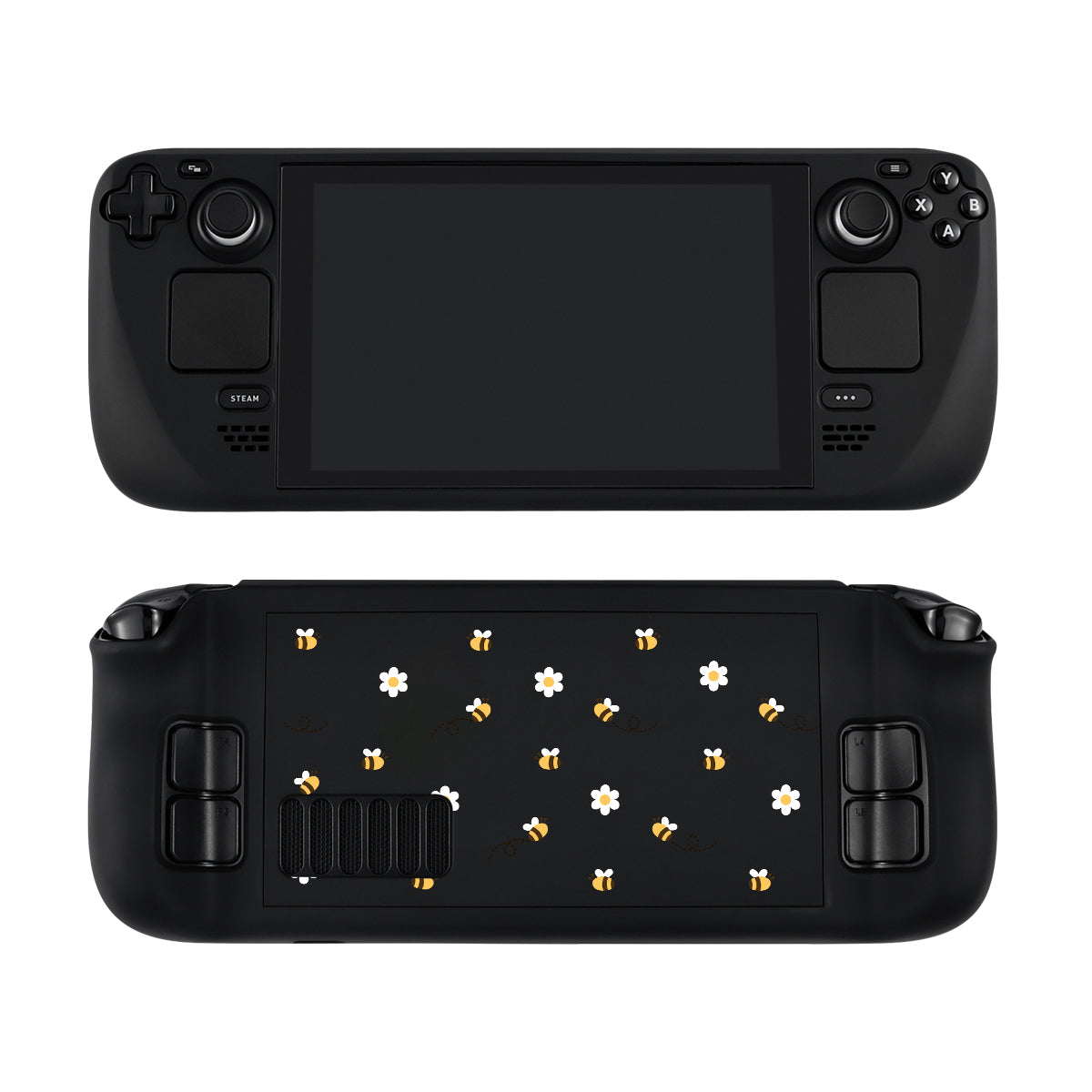 The Little Bee Steam Deck Case by petimint is displayed from the front and back. The front of the handheld console features a large screen with buttons and control sticks on the sides, making it ideal for any gamer. The back of this black case is adorned with a delightful pattern of small bees and flowers, adding an extra touch of charm to your gaming experience.