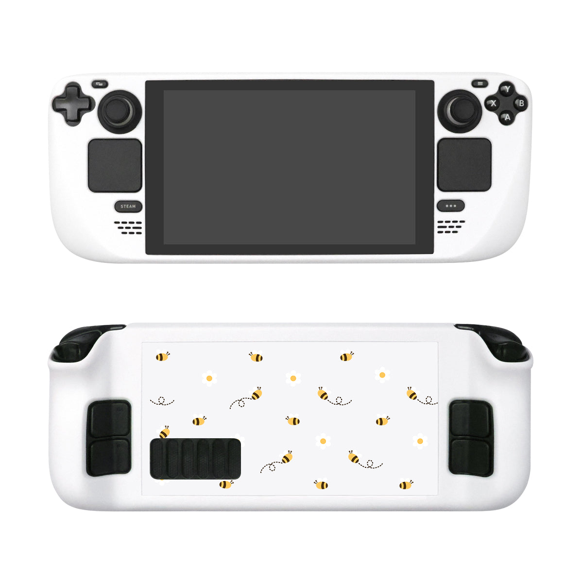 A white "Little Bee Steam Deck Case" by petimint, designed for a handheld gaming console reminiscent of a Nintendo Switch, is shown. The front features a large screen, control buttons, and joysticks. The back of the case showcases a decorative design with small bees and yellow flowers scattered across the white background.