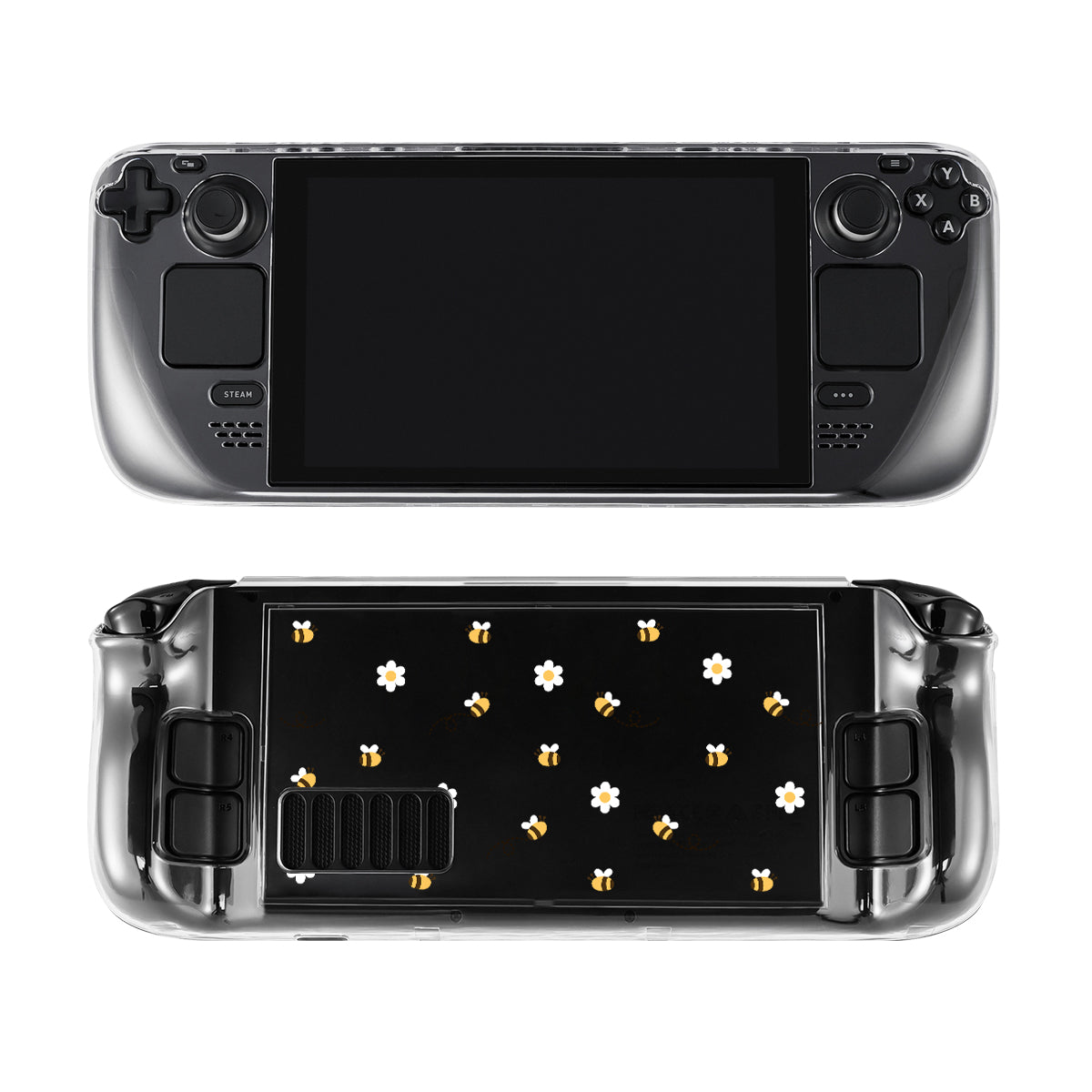 A Little Bee Steam Deck Case by petimint shown from both the front and back. The front reveals a large screen with buttons and thumbsticks, perfect for any gamer. The back showcases a clear design adorned with white flowers and small yellow bees on a black background, adding a touch of cozygamer charm.