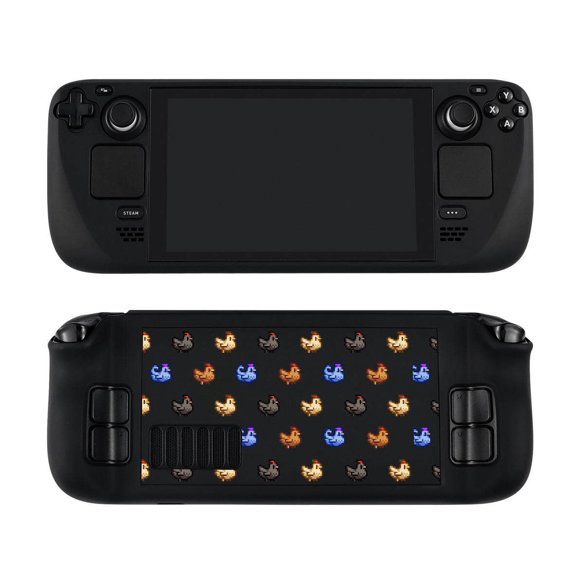 Top view of a handheld gaming console reminiscent of a Nintendo Switch, featuring a large screen and control buttons, including joysticks and a directional pad on both sides. The reverse side displays a grid of various colorful, pixelated kitten icons sure to delight any gamer. This is the Stardew Chicken Steam Deck Case by petimint in black.
