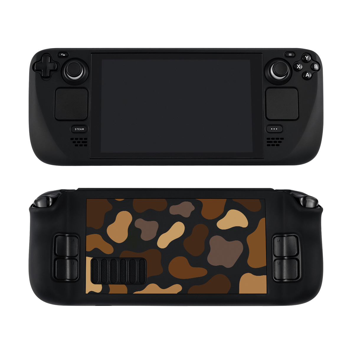 Here are two views of the Moka Cow Steam Deck Case by petimint. The front view highlights black buttons and a screen, while the back view showcases an eye-catching camouflage pattern in brown, tan, and black. Perfect for any gamer, this Steam Deck case is designed with buttons and joysticks on both sides of the screen to provide an unparalleled gaming experience.