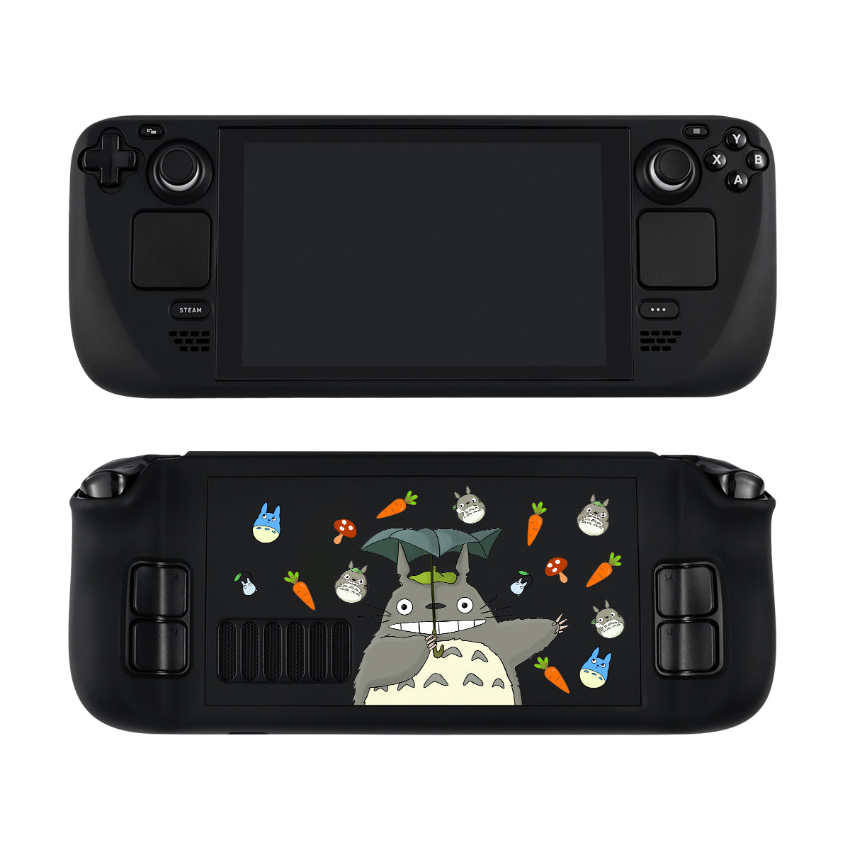 Introducing the Totoro Steam Deck Case by petimint, a black handheld gaming console case featuring a blank screen on the top portion and an array of buttons and controls. The back showcases a colorful design of a beloved character holding an umbrella, surrounded by vegetables and small creatures—ideal for any cozygamer wanting to add a whimsical touch to their device.