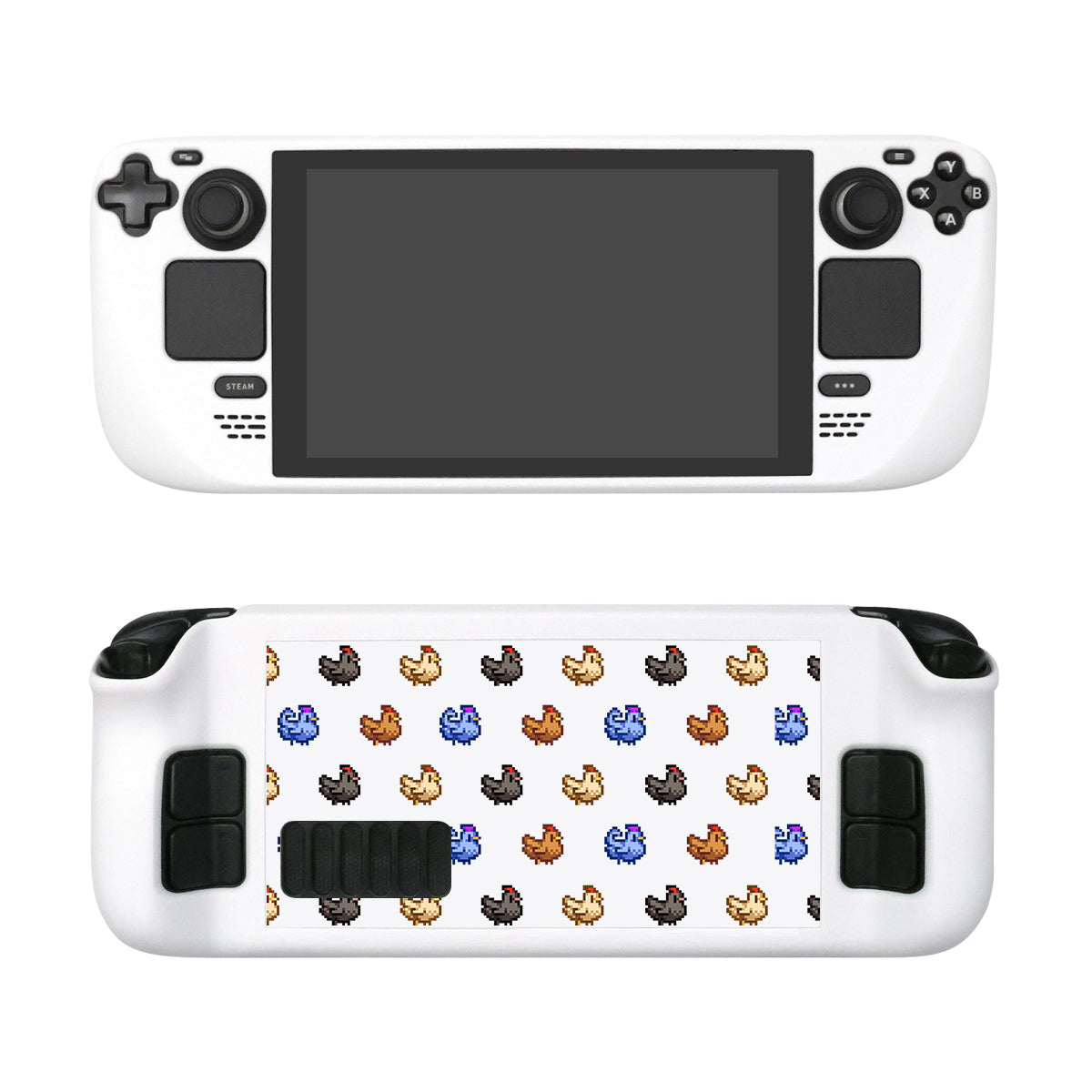 This image showcases the Stardew Chicken Steam Deck Case, a white handheld gaming console accessory by petimint. It features a large screen in the center, encircled by various control buttons and joysticks. The back of the case is adorned with a vibrant pixel art pattern of chicken illustrations in different colors, making it an ideal choice for any cozygamer.