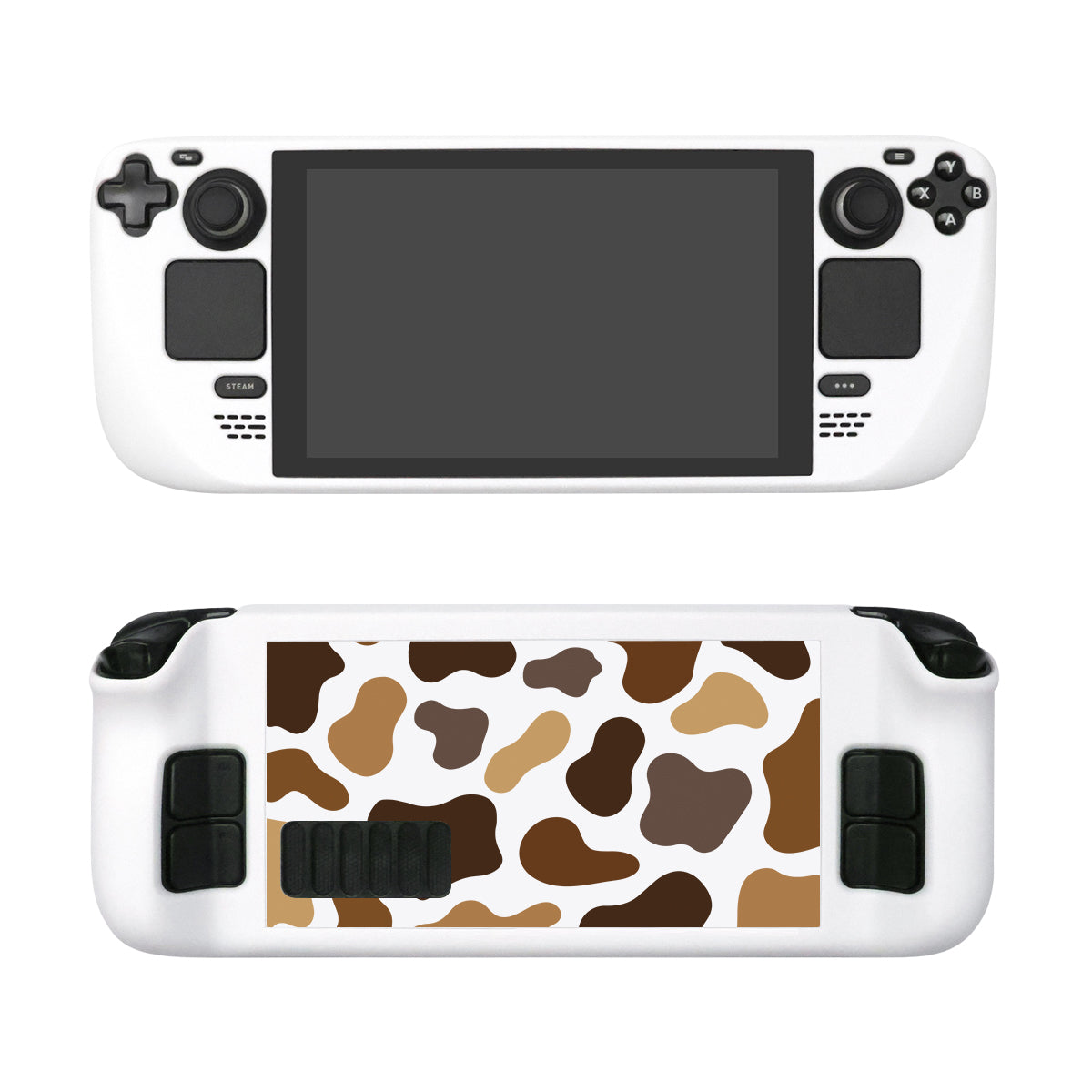 The Moka Cow Steam Deck Case by petimint is a handheld gaming console case featuring a cow-print design with various shades of brown on a white background. Perfect for the cozygamer, this console offers dual analog sticks, a directional pad, buttons, and a large screen on the front, complemented by additional buttons on the back.