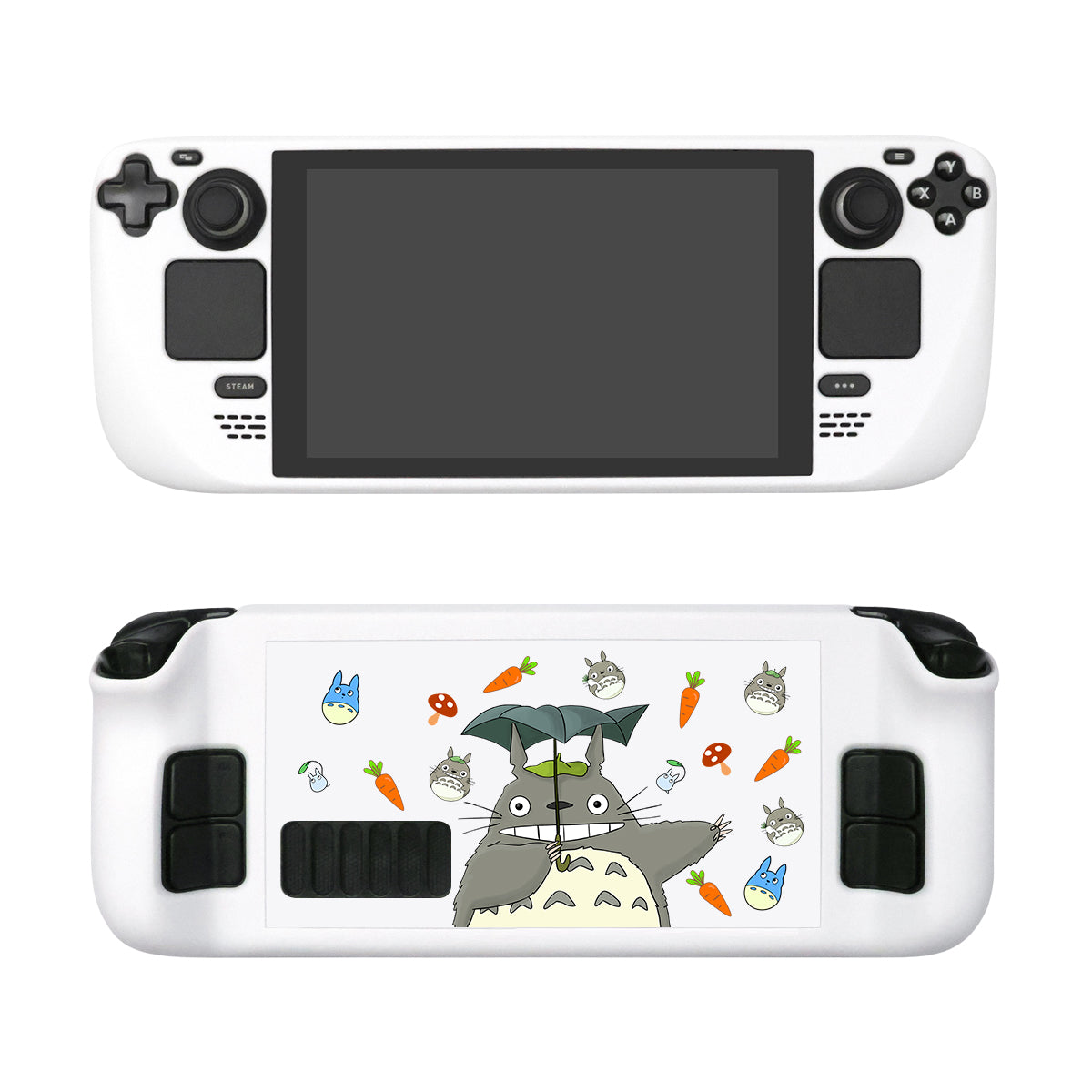 Introducing the Totoro Steam Deck Case by petimint: A white handheld gaming console accessory featuring a vibrant design on the back. The design showcases a character resembling Totoro from "My Neighbor Totoro," surrounded by carrots, mushrooms, and other smaller Totoro-like characters. It's perfect for any gaming enthusiast looking to add a touch of whimsy to their device.