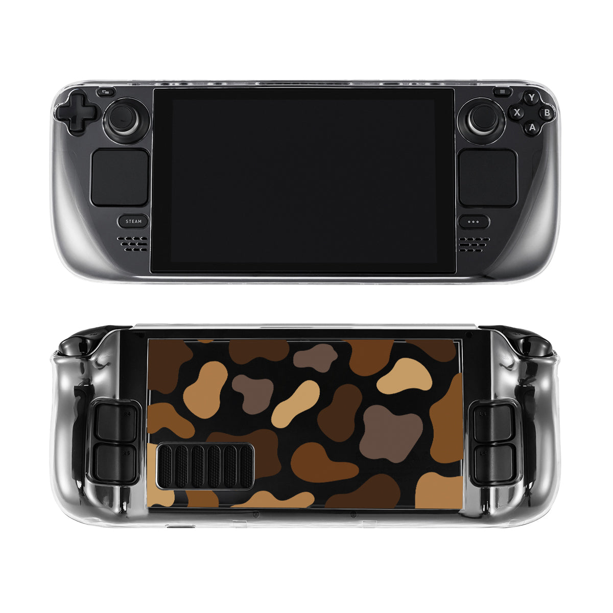 The Moka Cow Steam Deck Case by petimint is showcased in transparent Clear casing, visible from both the front and back. The front reveals a sleek black screen with buttons, ideal for any cozygamer, while the back highlights an intricate camo pattern in shades of brown and black.