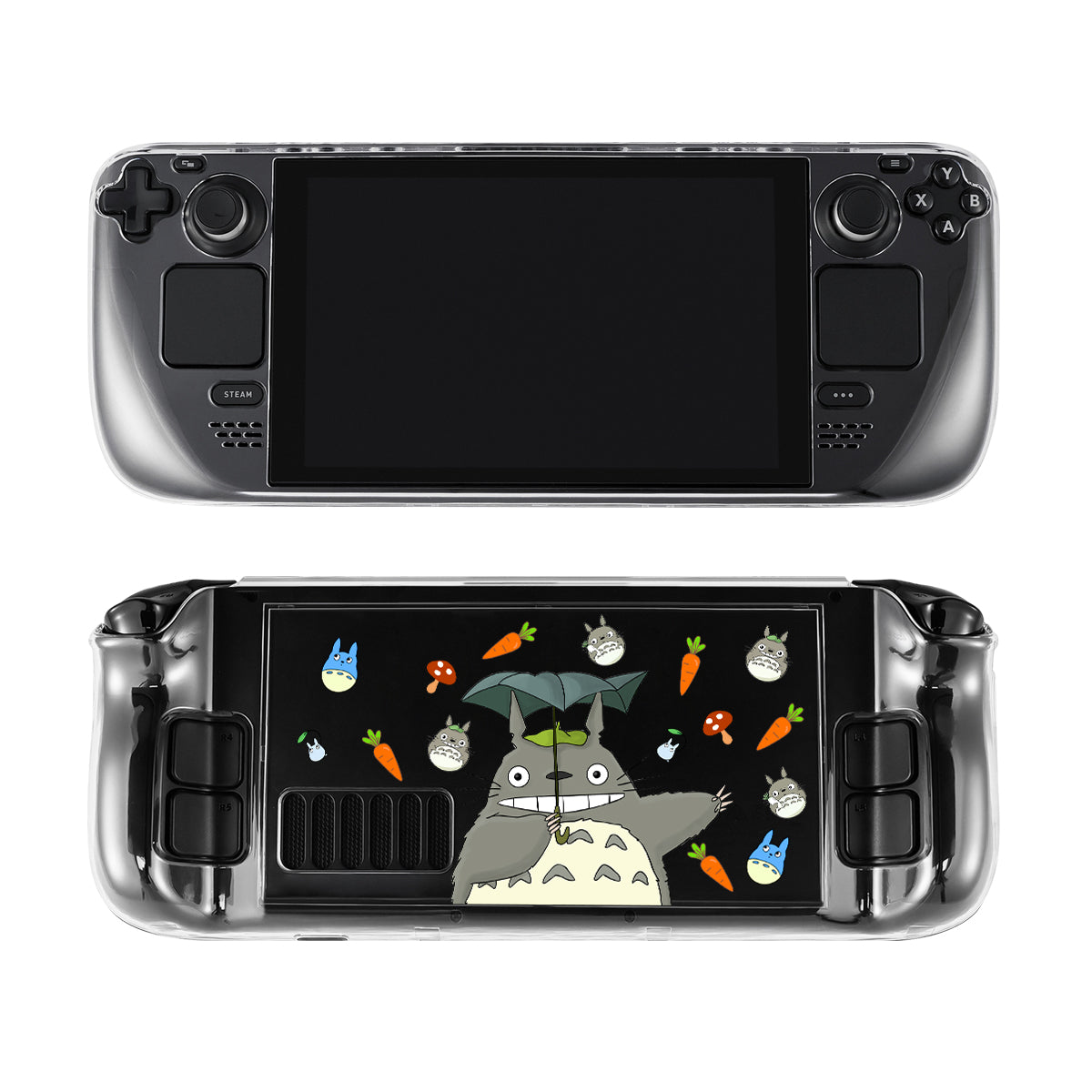 A handheld gaming console is shown with a black screen, encased in a Totoro Steam Deck Case by petimint. The clear case features a vibrant design with a Totoro character, various small creatures, and several carrots and mushrooms scattered around—perfect for the cozygamer who loves whimsical gaming art.