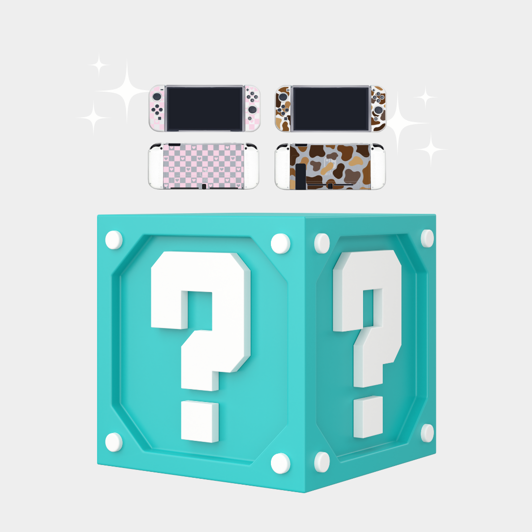 Three custom handheld gaming console skins are displayed above a teal box with a question mark, showcasing different designs: one for the cozygamer with pink and white patterns, one with a classic checkerboard pattern, and another sporting a unique cow print pattern. This enticing display is part of the Mystery Box Double by petimint.
