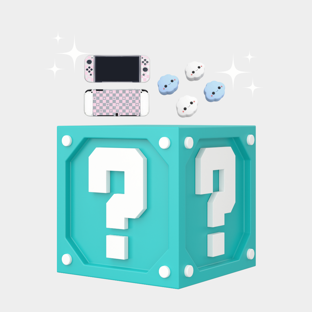 A teal block adorned with white question marks sits beside the petimint Mystery Box Set. Above them, a gaming console featuring a pink checkered design is accompanied by four cloud-shaped characters, each with smiling faces, all encircled by sparkles.