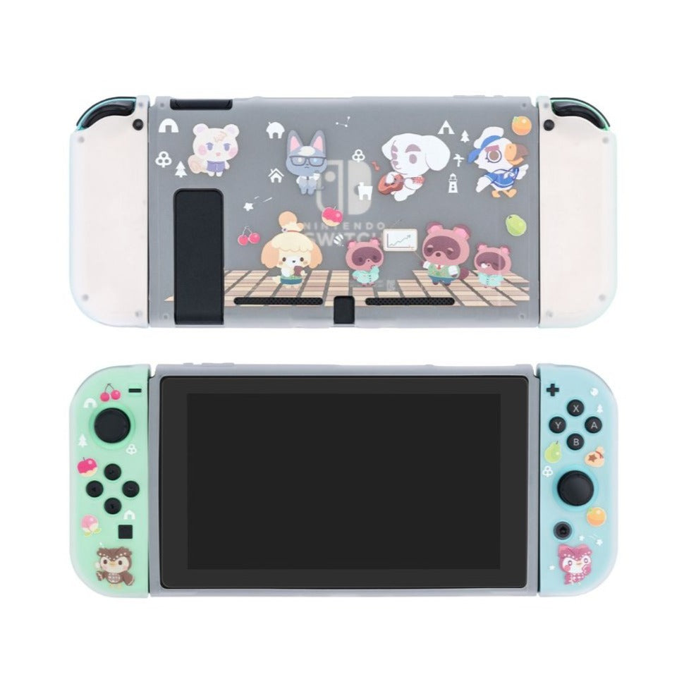 The Chibi Animal Crossing Case for Nintendo Switch by petimint includes a set of pastel blue and green Joy-Cons, features a dockable case with adorable animal characters and icons inspired by the popular game, enhancing its whimsical charm.