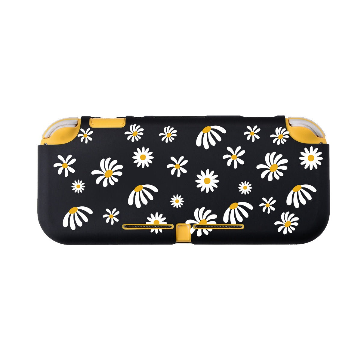 The Daisy Life LITE Case by petimint for Nintendo Switch is a black handheld gaming console case adorned with a pattern of white and yellow daisies, crafted from soft TPU to enhance gaming comfort.