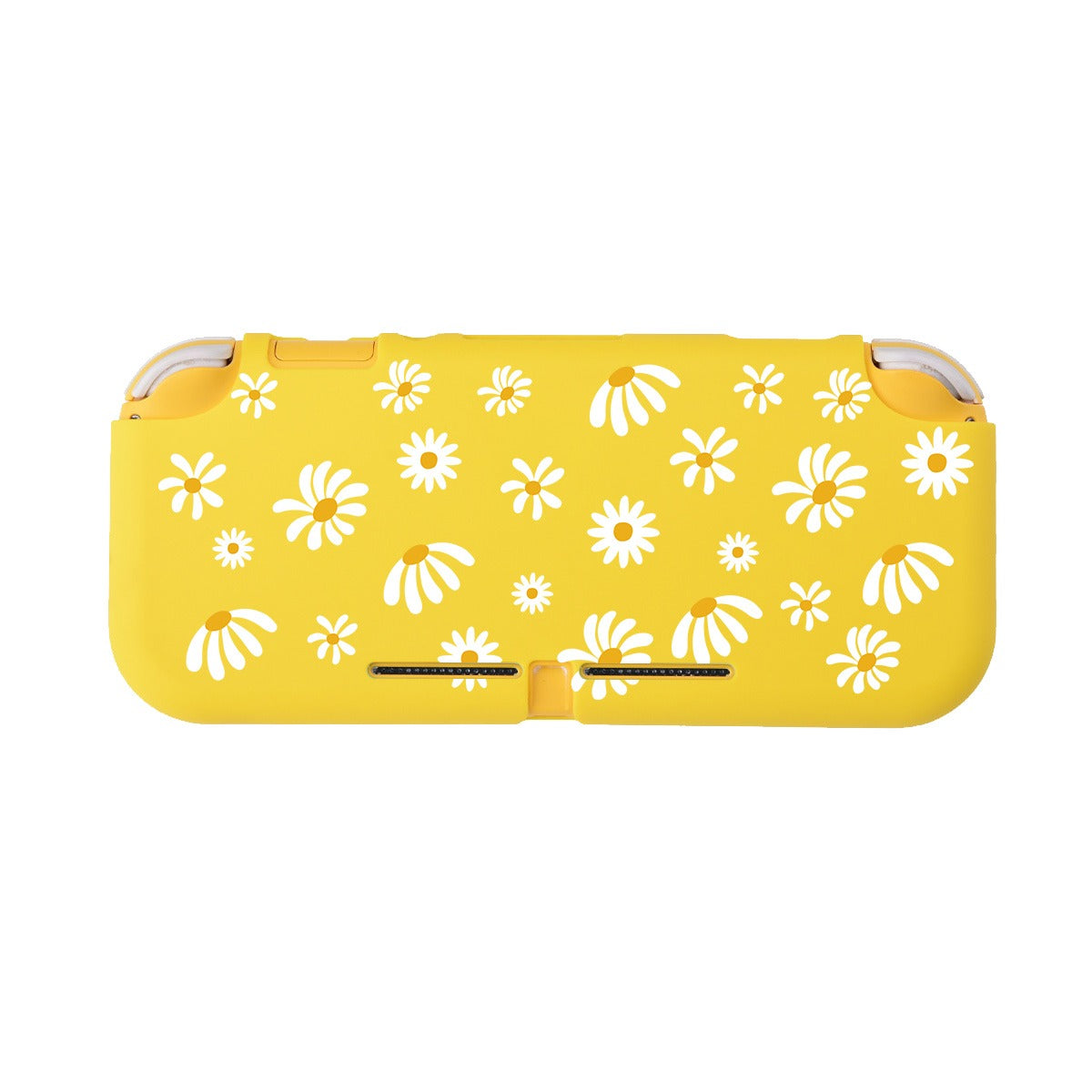 The Daisy Life LITE Case for Nintendo Switch by petimint is a yellow handheld gaming console case made from soft TPU with white floral patterns featuring various flower shapes scattered across the cover.