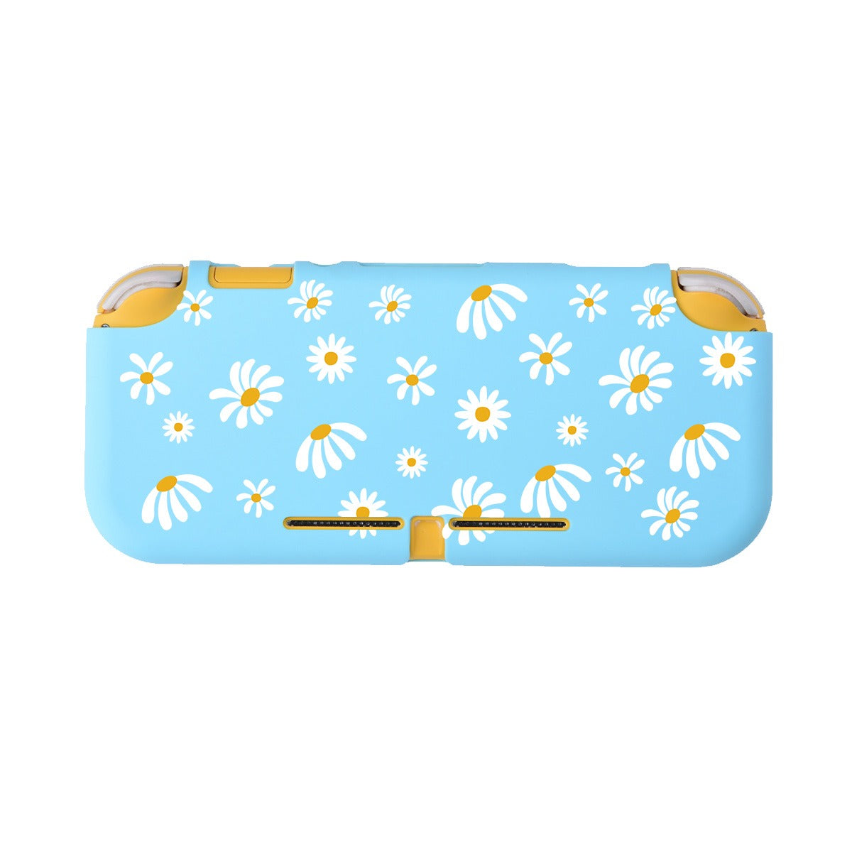 The Daisy Life LITE Case by petimint is designed for the Nintendo Switch, featuring a soft TPU blue grip with charming white and yellow daisy patterns. The case includes yellow accents and fits a rectangular device with rounded edges, enhancing gaming comfort.