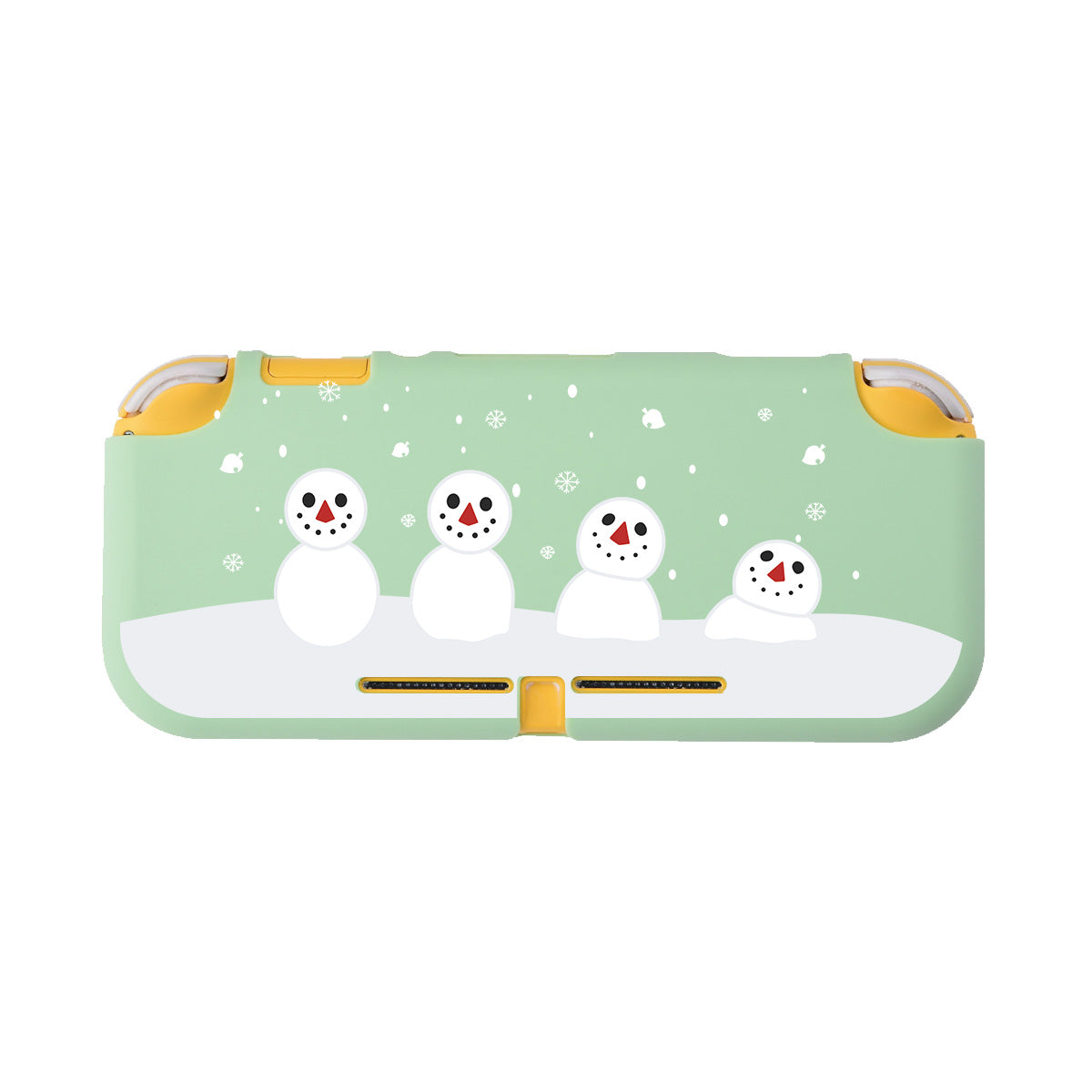 Introducing the Snowboy Animal Crossing LITE Case for Nintendo Switch by petimint. This mint green handheld gaming console case showcases an adorable illustration of four cute snowmen with red button noses. The background is beautifully adorned with falling snowflakes and a light snow-covered ground, creating a perfect wintery vibe for any cozy gamer. The case also features charming yellow accents on the top corners, making it both functional and stylish.