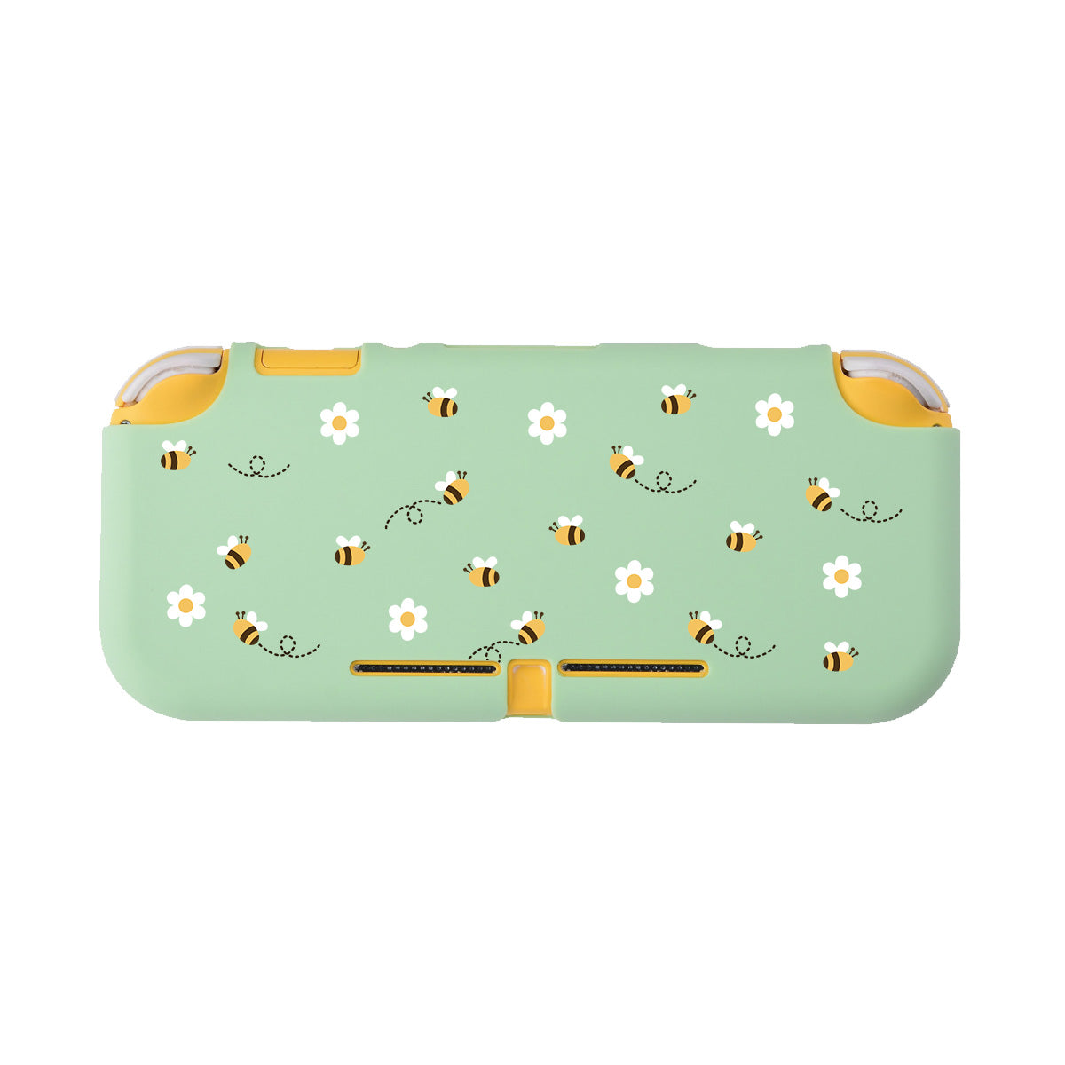 Introducing the Little Bee LITE Case for Nintendo Switch by petimint, a mint green switch grip case with yellow trim, crafted from soft TPU. It features a delightful pattern of bees and white flowers scattered across the surface for a gaming experience that combines comfort with style.