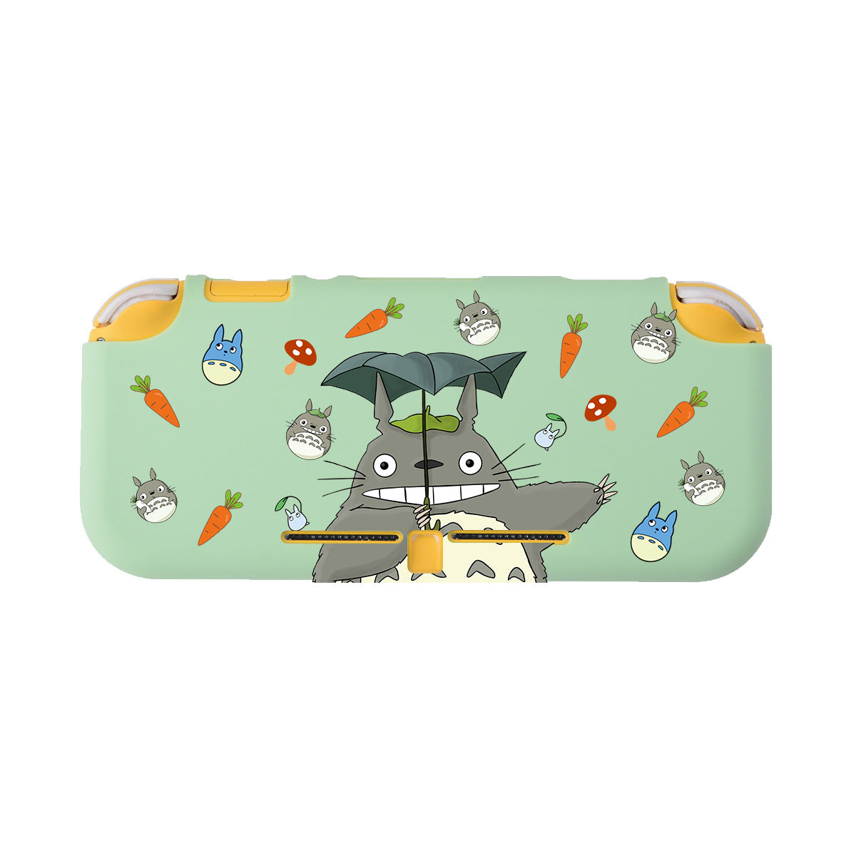 Introducing the Totoro LITE Case for Nintendo Switch by petimint—a charming green gaming console case adorned with beloved Totoro characters from Studio Ghibli's "My Neighbor Totoro." This delightful design showcases various Totoros, carrots, and other playful icons scattered across the surface, making it a perfect addition for any gamer looking to add a touch of whimsy to their setup.