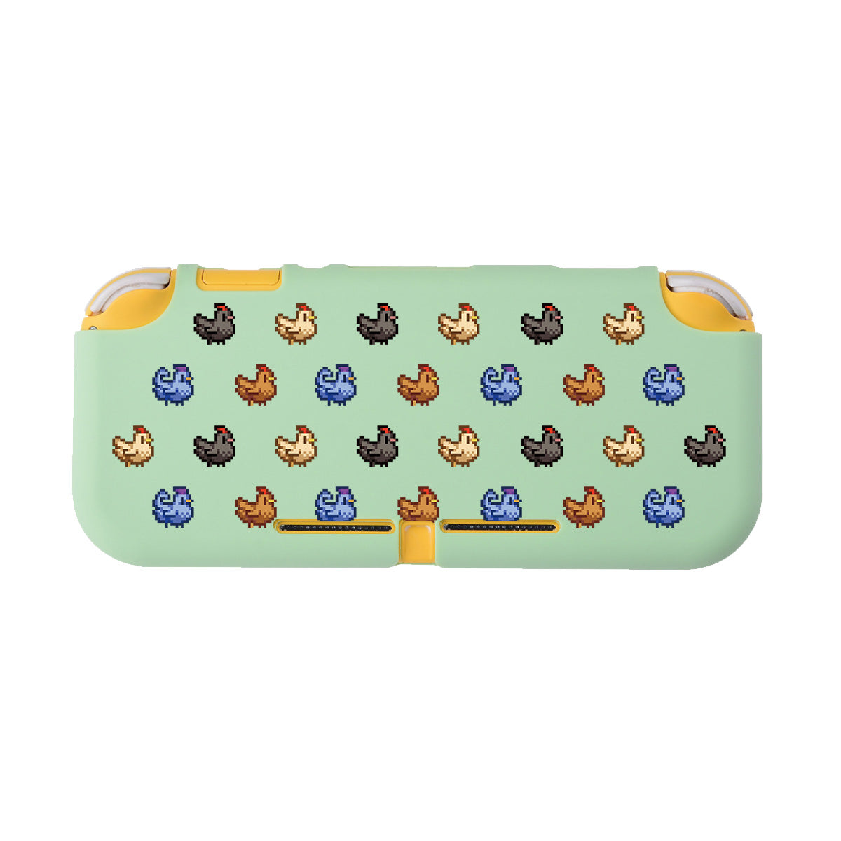 The Chicken Stardew Valley LITE Case for Nintendo Switch by petimint is a light green handheld gaming console cover made from Soft TPU, showcasing colorful pixel art designs of chickens in black, white, brown, and blue. The neatly arranged design adds charm while ensuring comfort for your yellow console.
