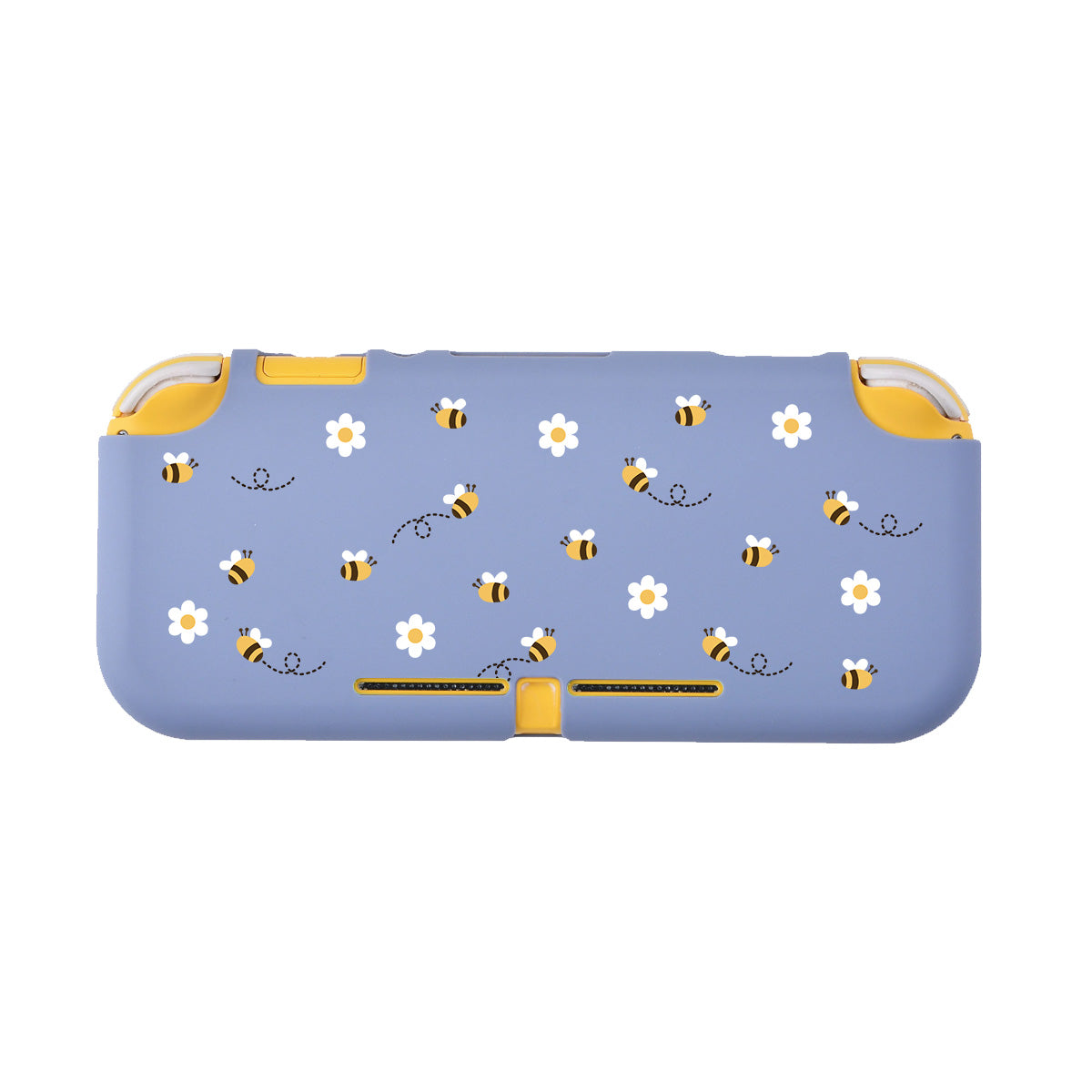 The *Little Bee LITE Case for Nintendo Switch* from petimint features a soft TPU construction in light blue, adorned with small yellow and black bees alongside scattered white flowers. The design is complemented by comfortable yellow accents on the corners and the bottom half, providing both style and functionality.