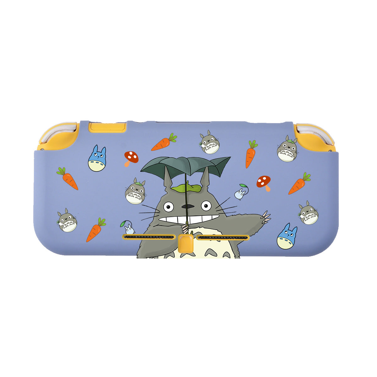 Introducing the Totoro LITE Case for Nintendo Switch by petimint. This charming accessory, in a sleek grey color, features an adorable depiction of Totoro holding an umbrella. The design is beautifully accented with illustrations of carrots, apples, acorns, and smaller Totoro faces surrounding the main character. Complete with yellow accent buttons, this case is perfect for the cozy gamer in you.