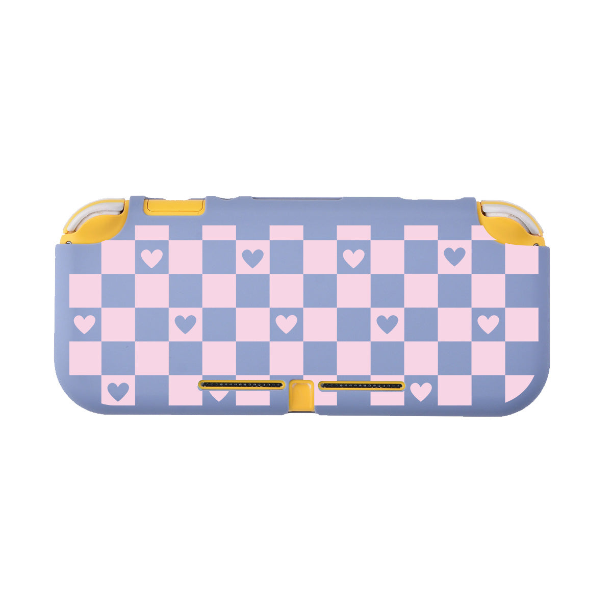 The Checkered Love LITE Case for Nintendo Switch by petimint is a rectangular cover that showcases a pastel pink and blue checkerboard pattern, adorned with small pink hearts positioned intermittently within the squares. This delightful cover, perfect for any gamer, features yellow accents at the edges. Note: The color named on the product data is grey.