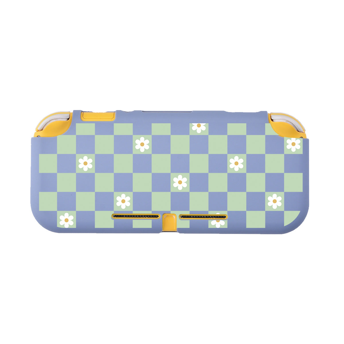Presenting the petimint Checkered Flowers LITE Case for Nintendo Switch: a rectangular grey device adorned with a blue and green checkerboard pattern, where the green squares feature charming white daisy flowers. The case is complemented by yellow accents on the sides, evoking a whimsical apparel design. It's perfect for adding a custom touch to your Nintendo Switch.