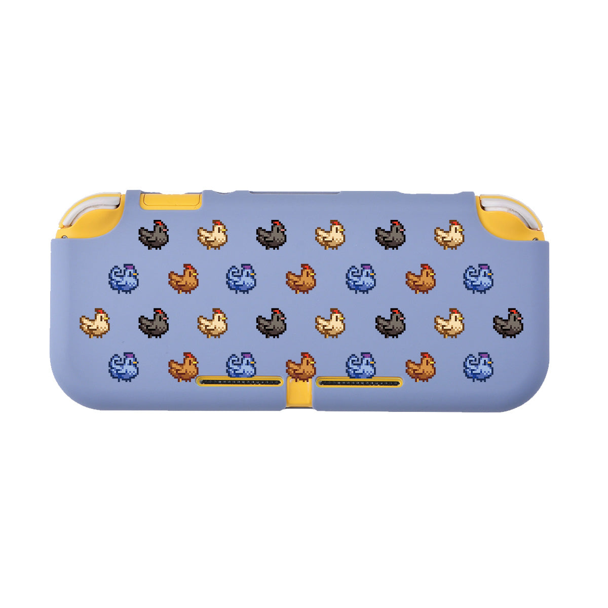 The Chicken Stardew Valley LITE Case for Nintendo Switch by petimint is a blue handheld gaming console case, designed for ultimate gaming comfort. It showcases a repeating pattern of pixelated chickens in white, black, orange, and brown and features soft TPU material with yellow accents on the sides.