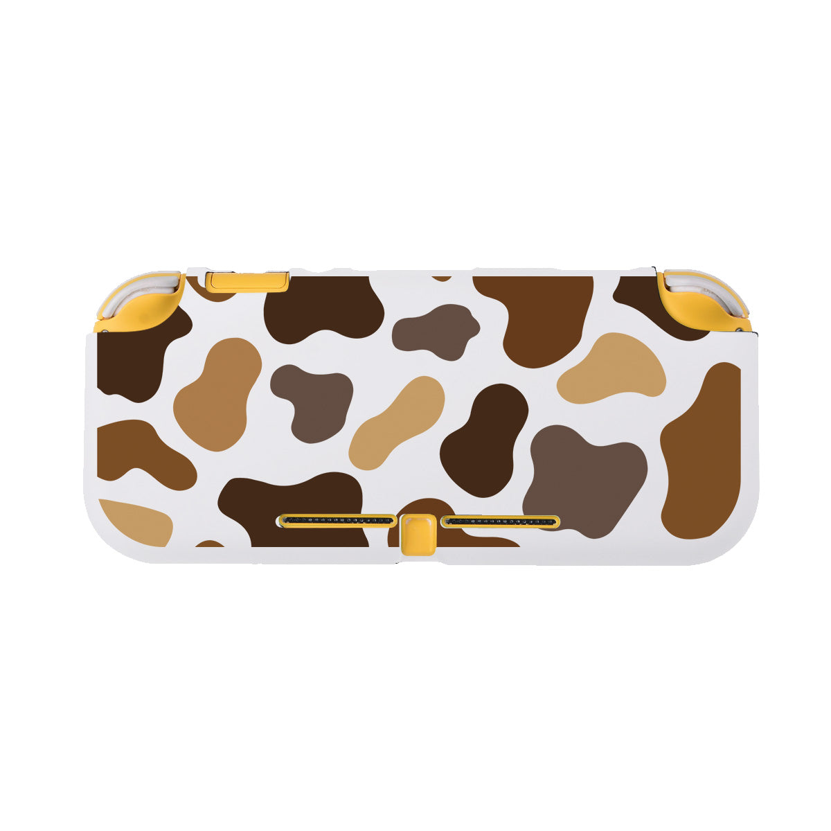 The petimint Moka Cow LITE Case for Nintendo Switch is a handheld gaming console cover with a cow print design, perfect for the cozy gamer. The case features irregular spots in shades of brown, tan, and beige on a white background, complemented by yellow accents at the top corners and the central bottom part.