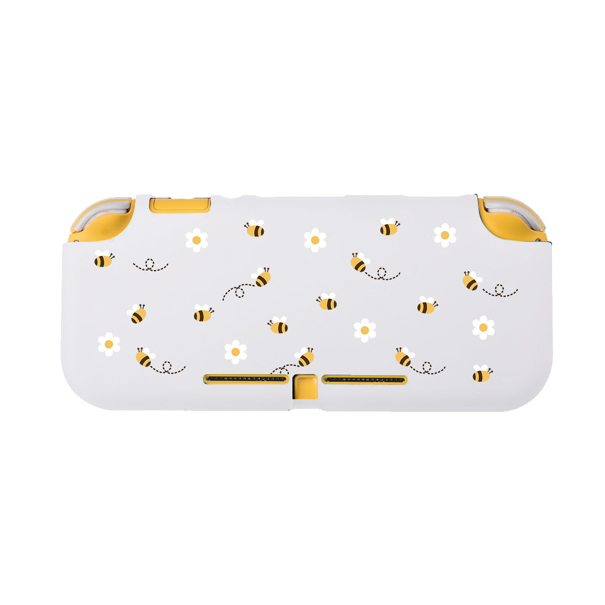 Introducing the Little Bee LITE Case for Nintendo Switch by petimint—a stylish white handheld console case adorned with a whimsical pattern of cartoon bees and daisies. Crafted from soft TPU material, this case features rounded corners and charming yellow accents at the top, providing a comfortable grip during gaming sessions. Perfect for Switch users who value both style and functionality.