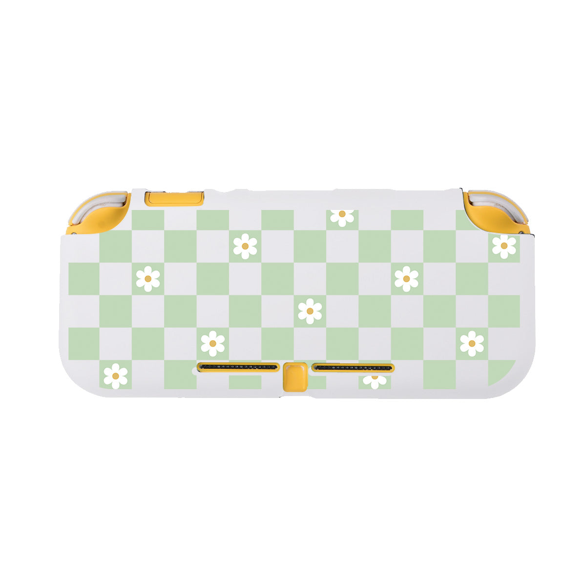 The Checkered Flowers LITE Case for Nintendo Switch by petimint features a pastel green and white checkerboard pattern adorned with small white daisy flowers, complemented by yellow edges for a contrasting colorful accent. Perfect for the gamer who appreciates both style and gaming accessories.