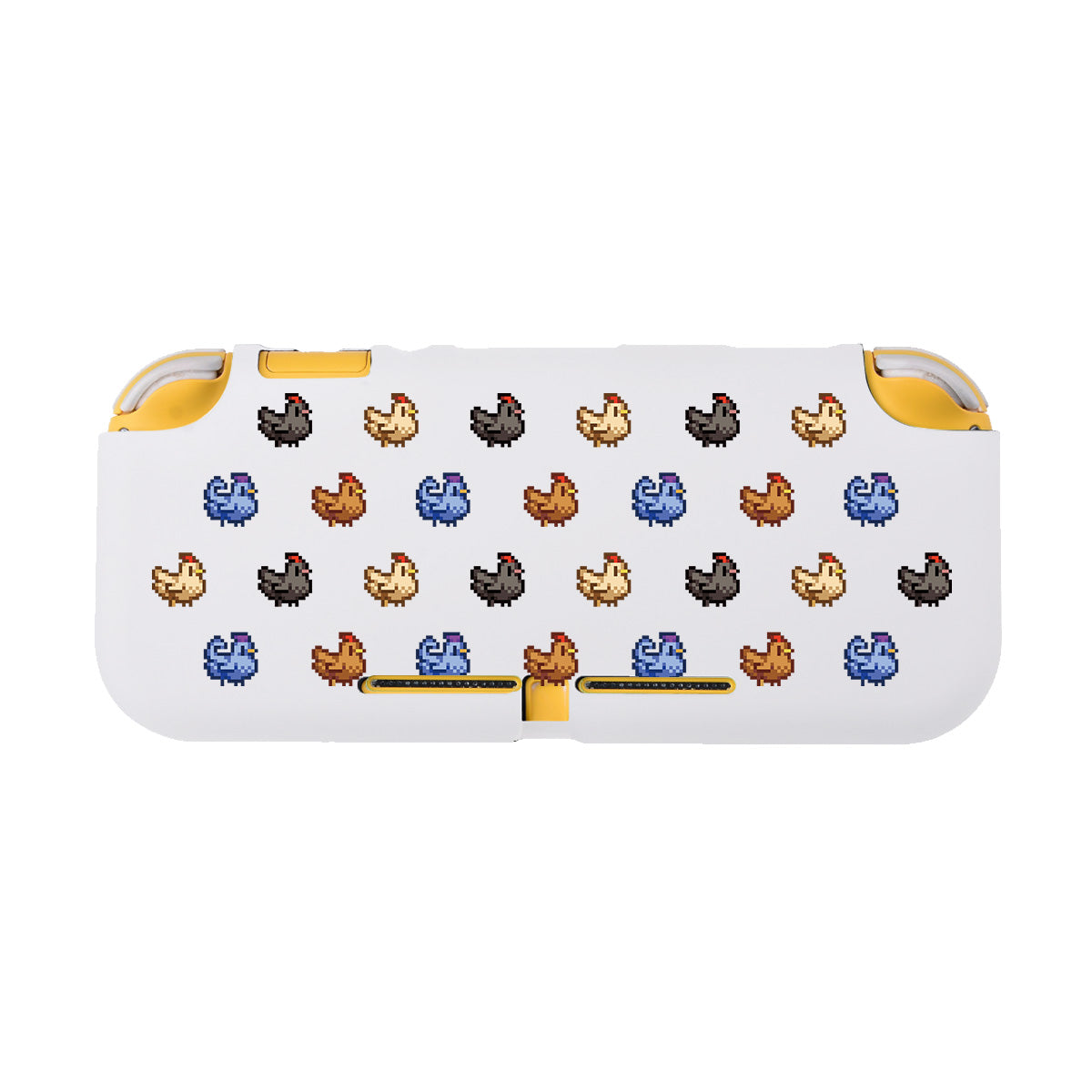 Introducing the Chicken Stardew Valley LITE Case for Nintendo Switch by petimint, a white gaming console case adorned with pixelated chickens in brown, blue, and gold against a white background with vibrant yellow accents. Made from Soft TPU for enhanced comfort, it serves as the ideal grip case for dedicated gamers.