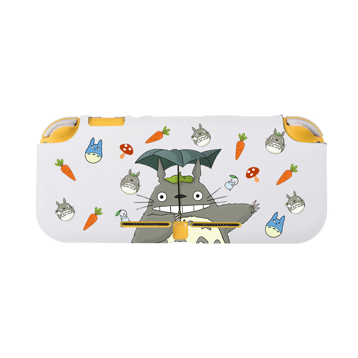 The petimint Totoro LITE Case for Nintendo Switch features a gray and white design with a central image of Totoro holding a leaf umbrella. Scattered around are small images of Totoro, his friends, and orange carrots. The case has yellow accents and is perfect for the cozy gamer on the go.