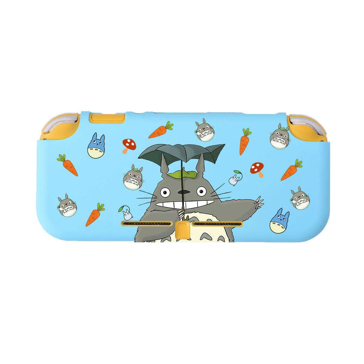 Discover the Totoro LITE Case for Nintendo Switch by petimint – a blue, whimsical accessory perfect for the cozy gamer. This case showcases a large Totoro character holding an umbrella at its center, surrounded by smaller Totoros, carrots, and mushrooms in an endearing pattern.