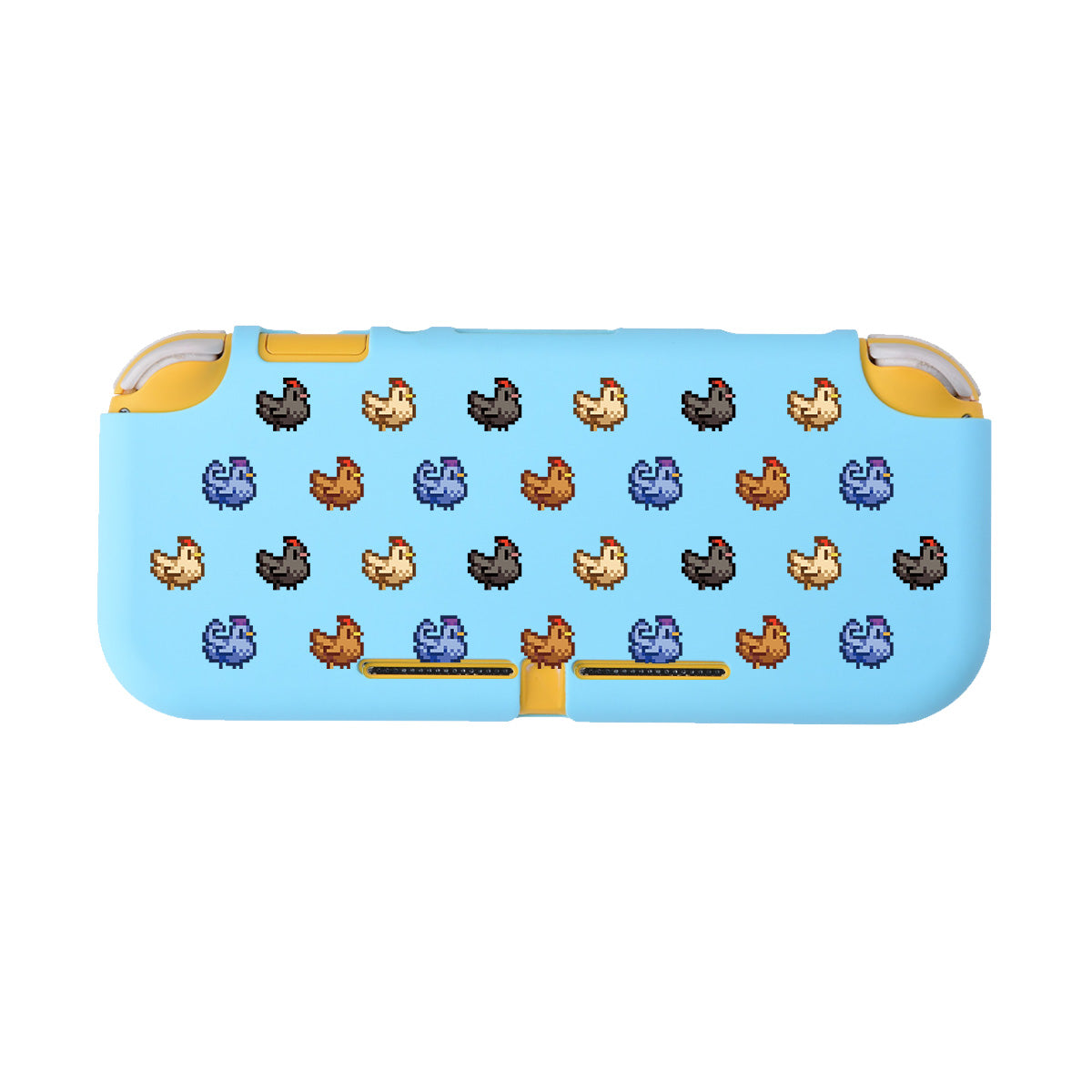 This is the Chicken Stardew Valley LITE Case for Nintendo Switch by petimint, featuring a light blue design with pixel art chickens in white, brown, gray, and blue arranged in a grid pattern. Made from soft TPU to improve gaming comfort, it also includes yellow accents at the corners.