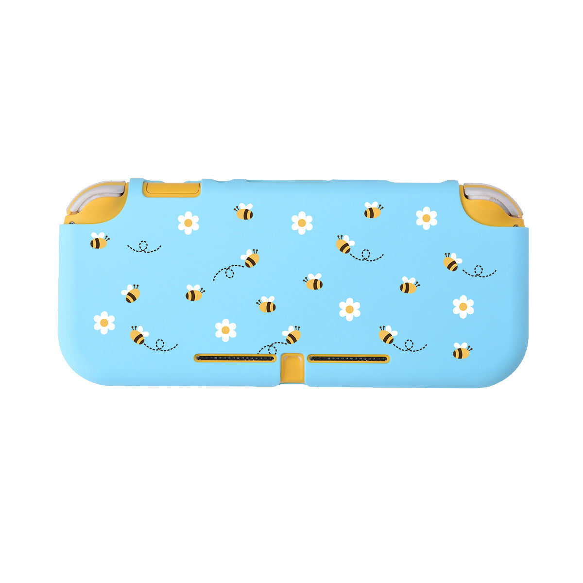The Little Bee LITE Case for Nintendo Switch by petimint is a light blue switch grip case embellished with bees and white flowers. This gaming case features yellow highlights on the edges and is crafted from soft TPU to ensure a secure hold.