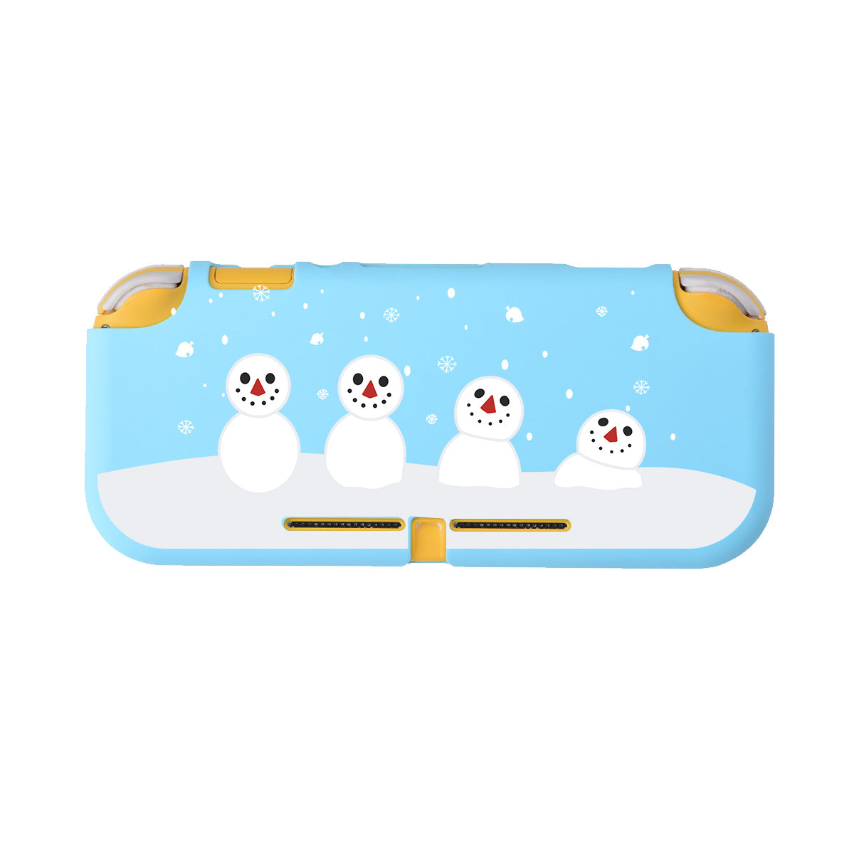 The petimint Snowboy Animal Crossing LITE Case for Nintendo Switch is a blue case with a charming winter theme. It features four adorable snowman illustrations, each with rosy cheeks and black eyes, set against a snowy landscape. Tiny white snowflakes are scattered across the design, creating a festive and playful scene that's perfect for any cozygamer.